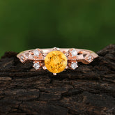 Round Cut Citrine Engagement Ring Unique Distance Band Ring